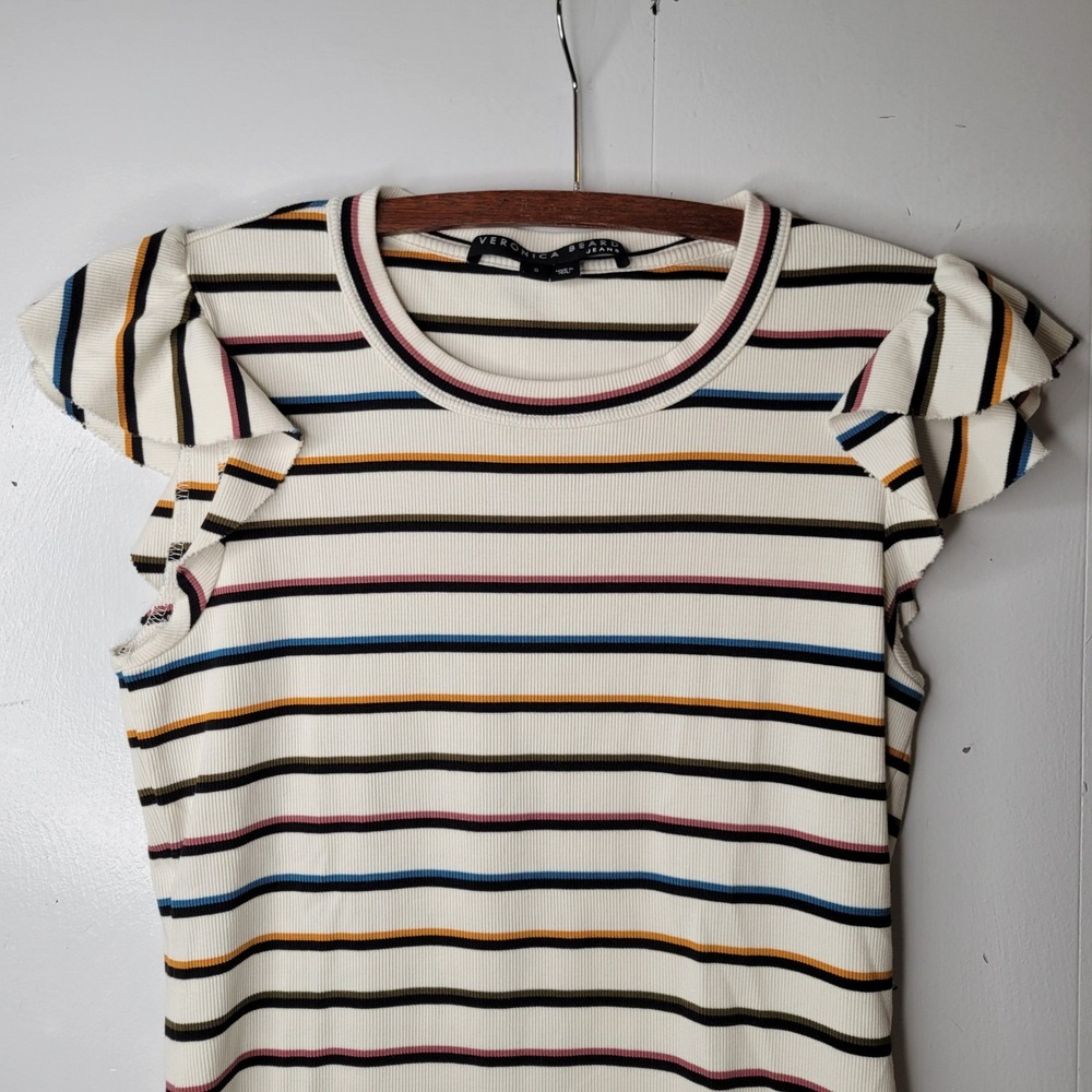 Veronica Beard Jean MultiColor Striped Ruffle Sleeve Ribbed Top Preppy Coastal S - Picture 6 of 15
